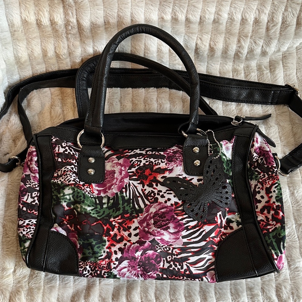 Call it Spring Floral Black Handbag with Butterfly Charm